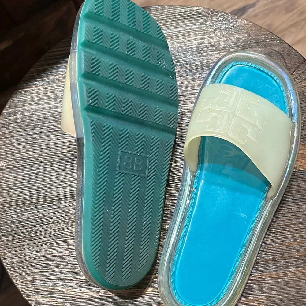 Tory Burch Bubble Jelly Slides in iridescent sea